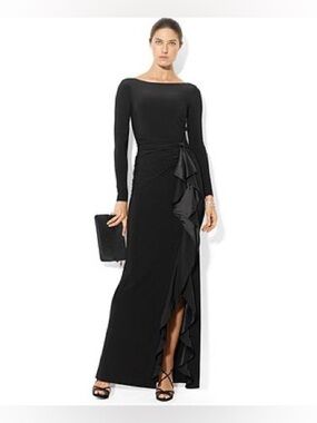 Lauren Ralph Lauren Evening Ruffle Trim Jersey Floor Length Gown Black 6 Formal